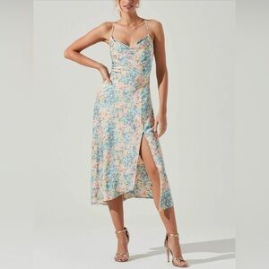 Astr Floral Midi Slip Dress in Pastel Yellow, Blue and Pink